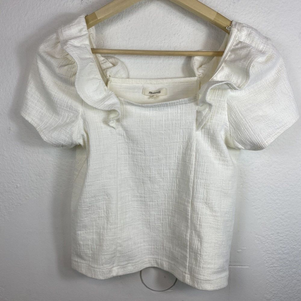 MADEWELL Women's Small Top White Crosshatch‎ Ruffled Short Sleeve Cotton Blend